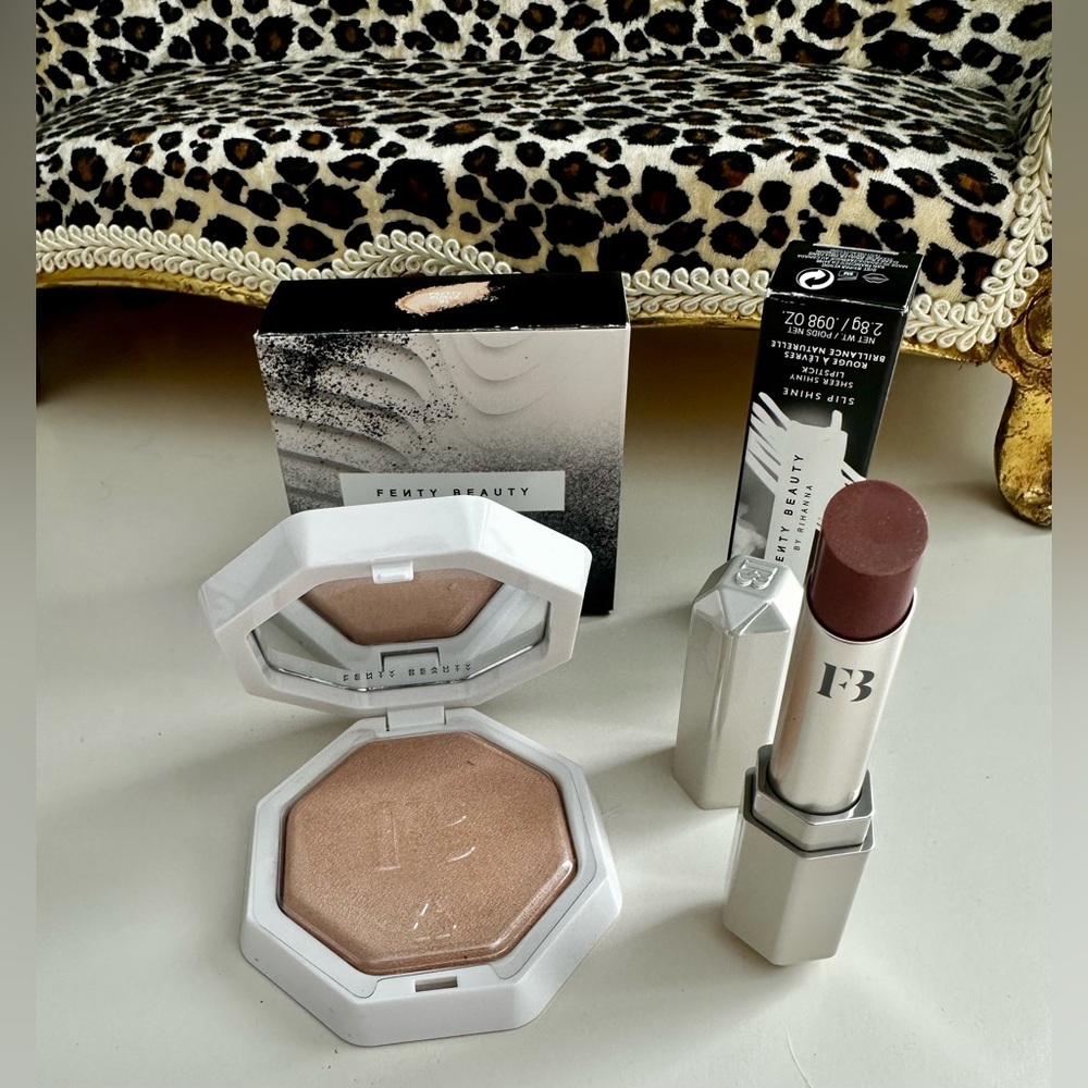 Fenty Beauty Highlighter and Lipstick - Radiant Gold and Deep Brown
